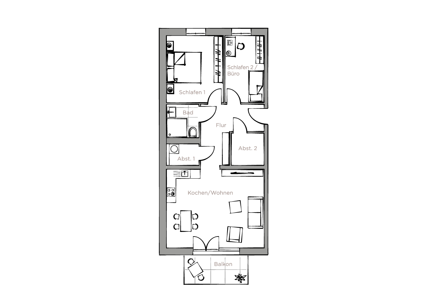 Beispielgrundriss 3-Zimmer-Wohnung in den Kaisergärten Babenhausen