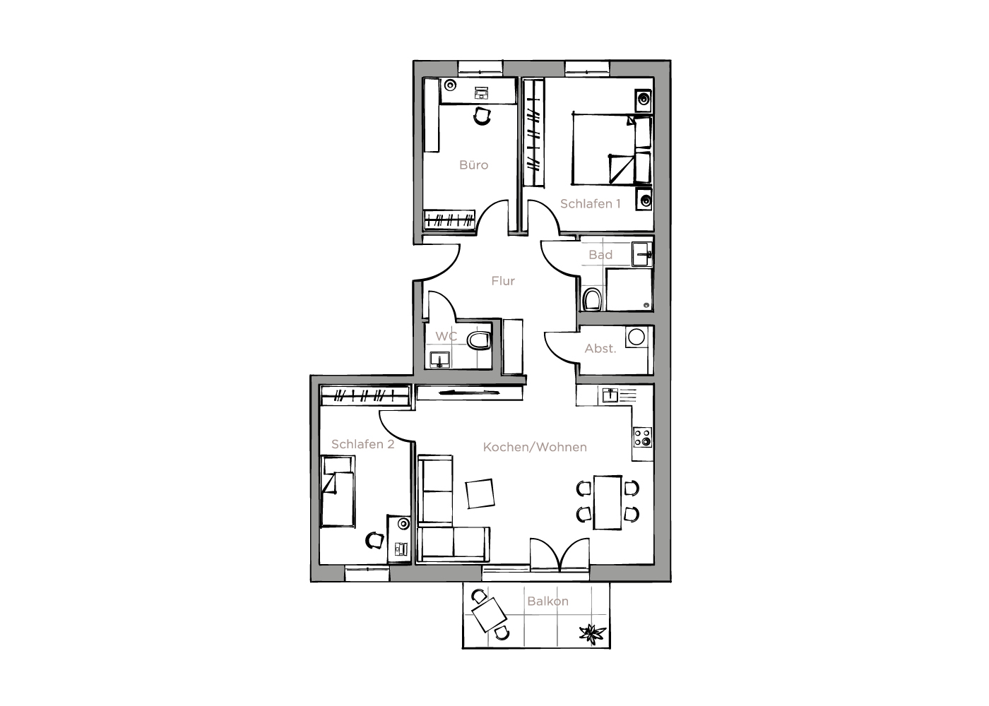 Beispielgrundriss 4-Zimmer-Wohnung mit Balkon